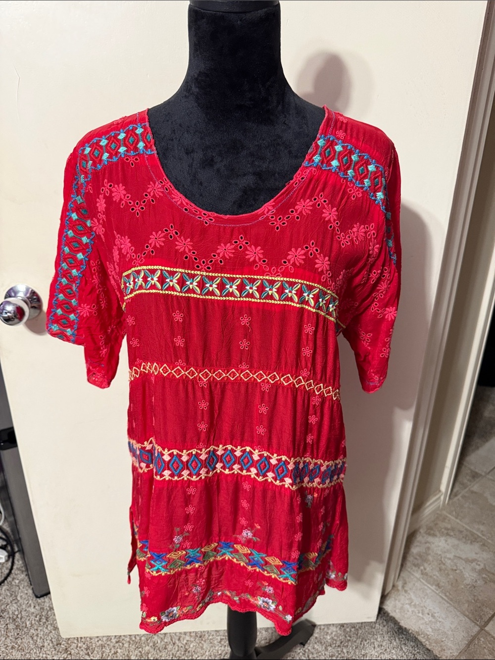 Johnny Was Red Embroidered Short-Sleeve Tunic